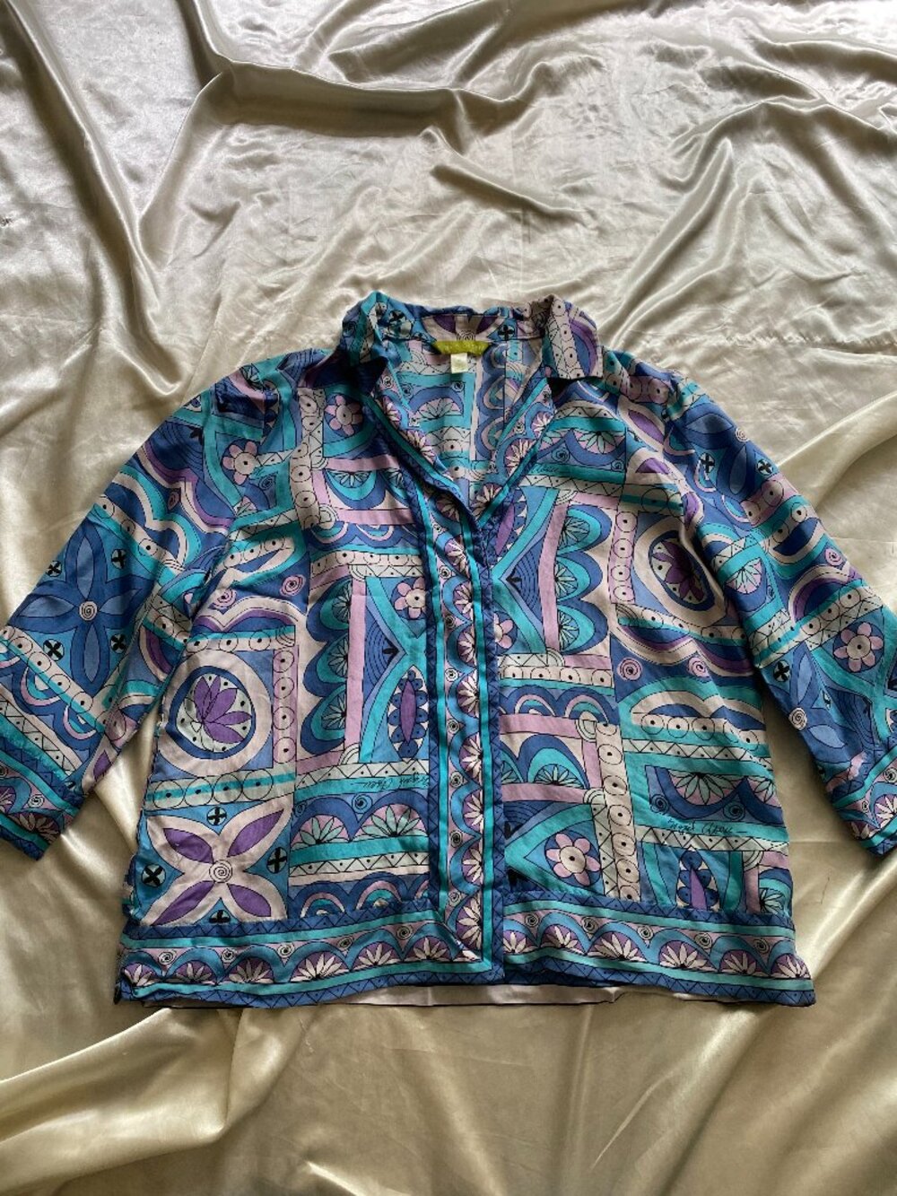 Vintage y2k 100% Silk Blue Purple Geometric Mod Kaleidoscope Print Blouse Small